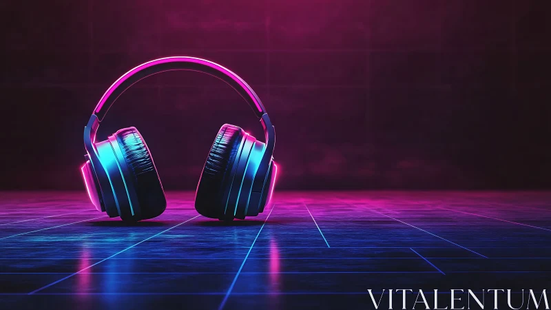Neon soundscape headphones glow on an electric cyber floor.