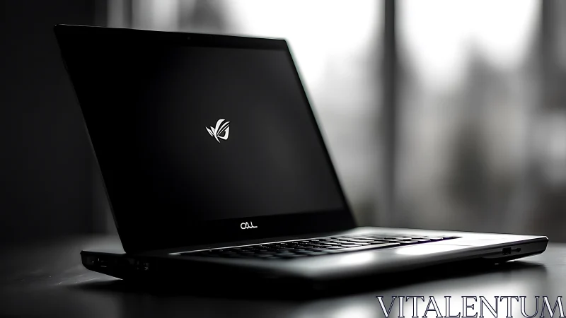 Black laptop on reflective desk in softly lit interior.