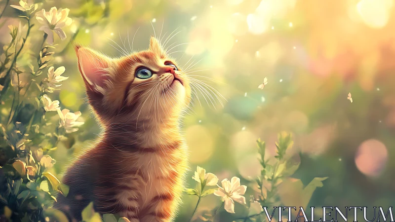 Ginger Kitten Gazes Upward Among Sunlit Flowers