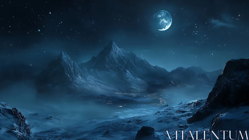 Moonlit frozen mountains wrapped in quiet midnight magic.