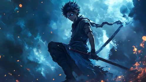Stoic anime swordsman against stormy blue flames.