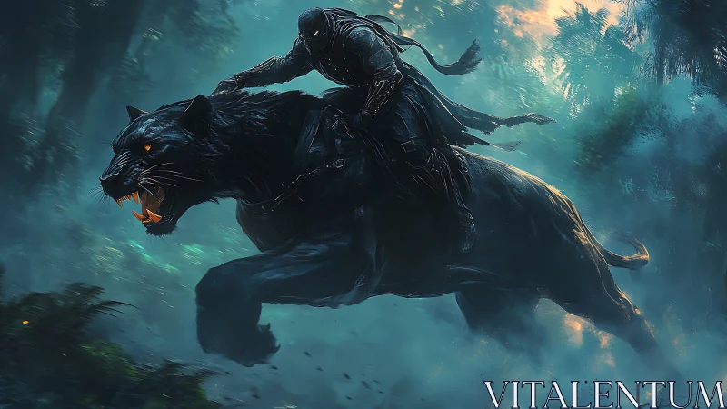 Dark Warrior Mounted on Spectral Black Panther Through Ethereal Mist.