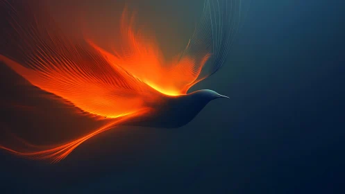 Glowing orange abstract bird silhouette on dark background.