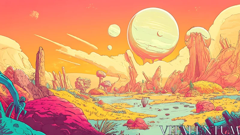 Alien desert valley under giant pastel planets at dusk.