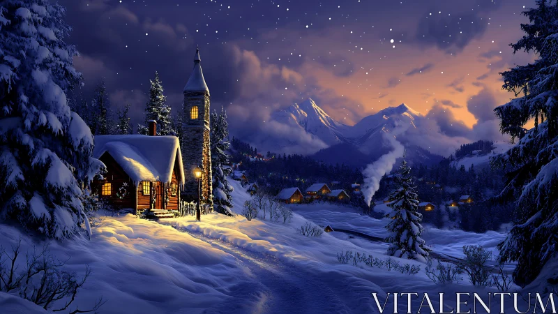 Snow covered cabin and village under calm winter night.