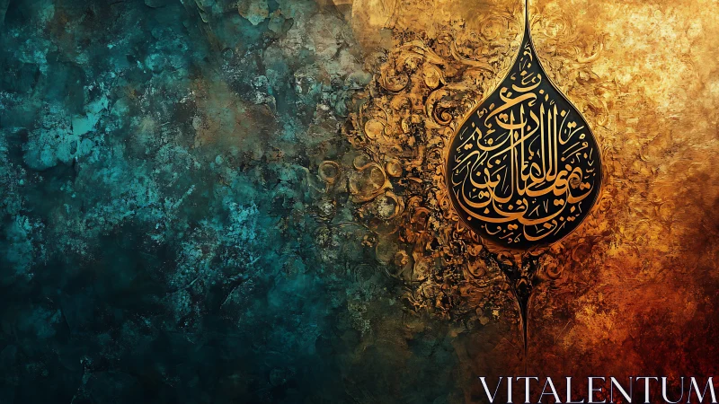 Teardrop arabic calligraphy over teal and golden textured field.