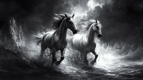 Dynamic monochrome equine study in storm-swept surf motion.