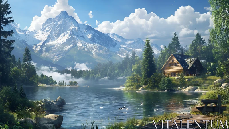 Mountain lake landscape with log cabin and dense forest.