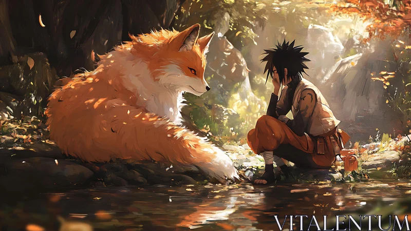 Quiet forest dialogue between fox spirit and young wanderer.