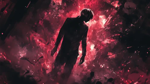 Backlit silhouette emerges through abstract crimson turbulence