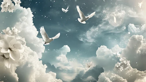 Celestial doves in luminous cloudscape with oversized blossoms