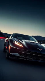 Midnight black sports coupe slices through dusk highway.