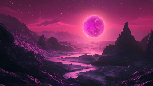 Dreamy pink alien moonrise over glowing crystal valley.