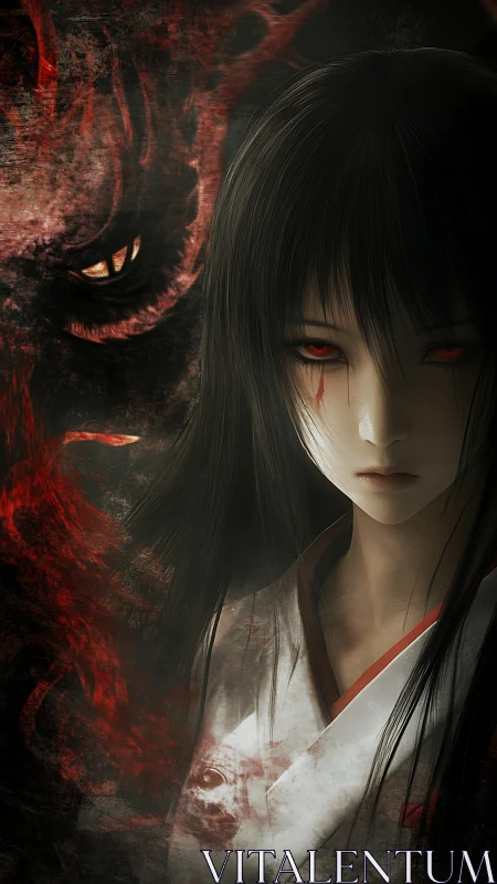 Blood-eyed shrine girl beside looming demonic shadow spirit.