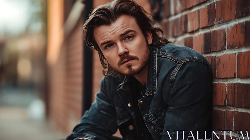 Brooding young man in denim by sunlit brick wall portrait.