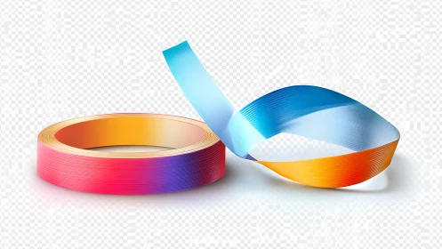 Vibrant gradient adhesive tape roll with curling strip.