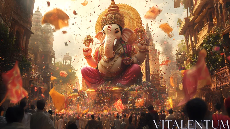 Large Ganesha idol suspended above dense urban procession.