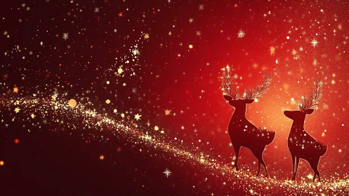 Silhouetted reindeer stand on glittering red festive field