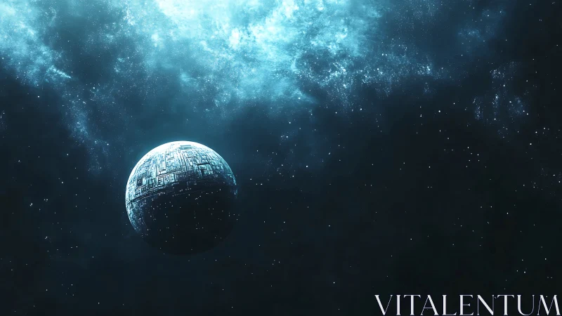 Gentle cybernetic moon drifting through a quiet galaxy.