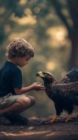 Quiet woodland moment between child and majestic eagle.