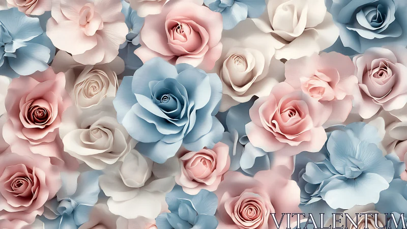 Soft pastel roses bloom in layered romantic abundance.