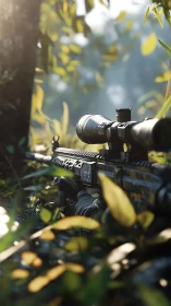 Quiet woodland marksman resting in soft golden morning light.