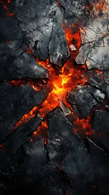 Molten lava erupts through fractured dark volcanic rock surface.