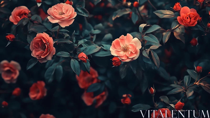 Coral Roses Blooming in Moody Garden Light