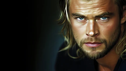 Storm-lit gaze of a golden-haired digital wanderer.