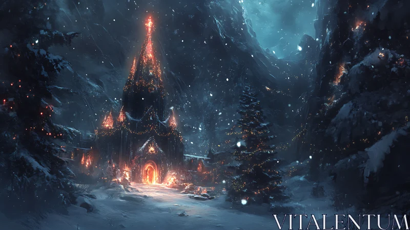 Luminous alpine cathedral under snowfall in glacial ravine dusk.