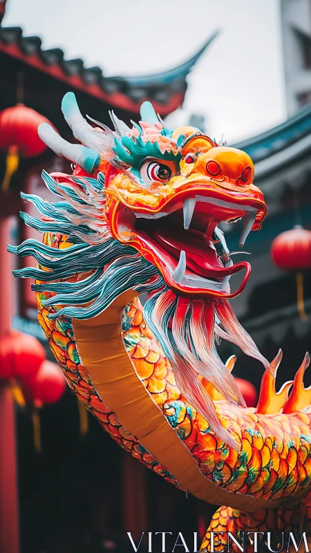 Vibrant Chinese dragon lantern coils through festive street.