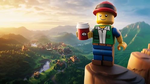 Lego figure stands on cliff edge above stylized valley town