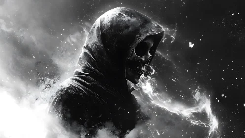 Hooded skeletal wraith in swirling monochrome smoke.
