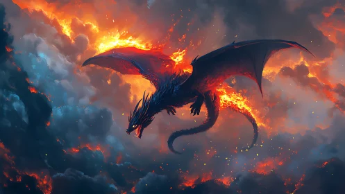 Flaming crimson dragon storms through burning twilight sky.