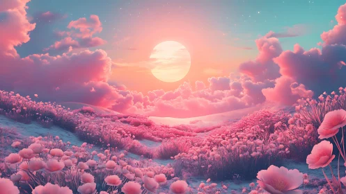Iridescent sunset over stylized pink meadow under pastel sky