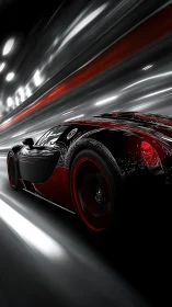 Midnight hypercar slingshots through neon streaked tunnel