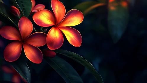 Vibrant Red and Yellow Flowers Glowing in the Darkness