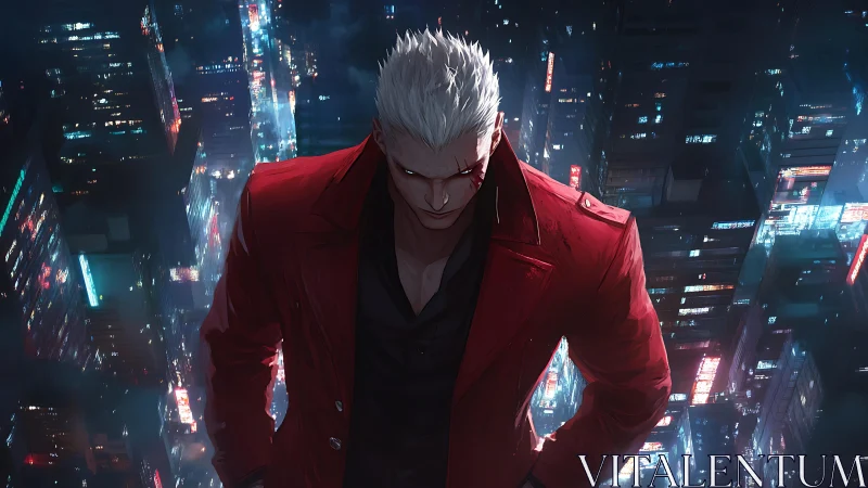 Midnight sentinel in crimson coat above neon city streets.