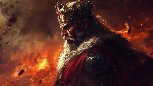 Battle-scarred king strides through embers of a fallen realm