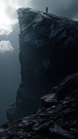 Solitary figure greets a towering cliff in soft storm light