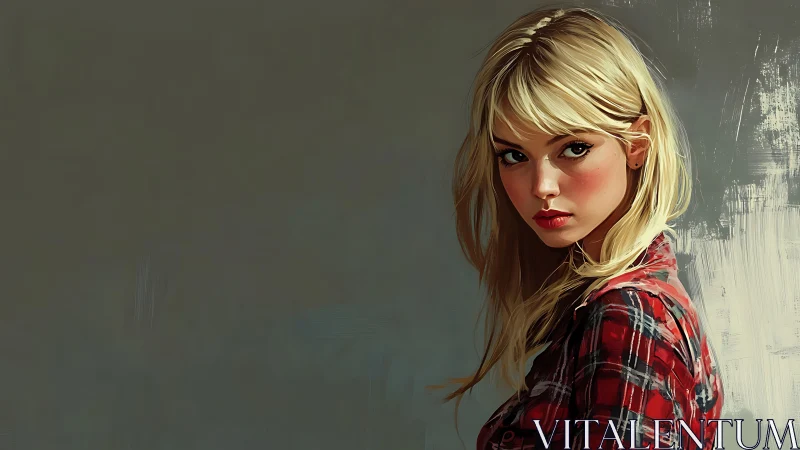 Blonde woman in red plaid shirt against muted background.