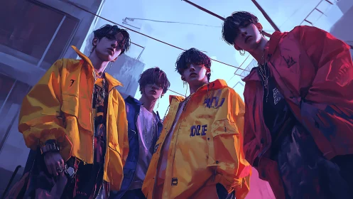 Streetwear youth stand united beneath an electric dusk sky