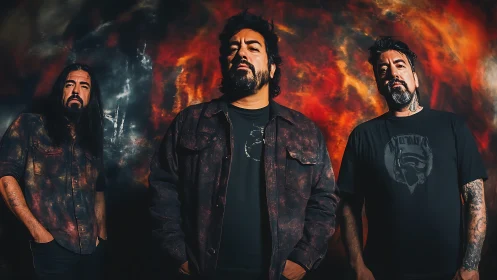 Rock trio against fiery abstract backdrop in moody portrait.