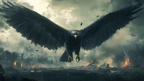 Cinematic digital painting of a colossal raven over ruins.
