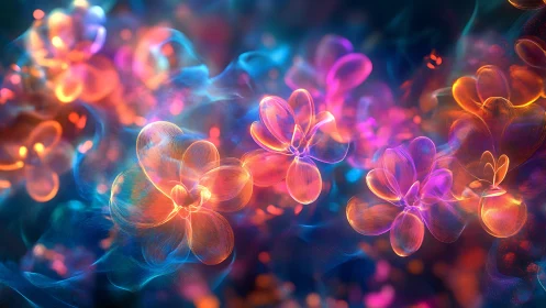 Abstract luminous floral forms in multicolor digital field.