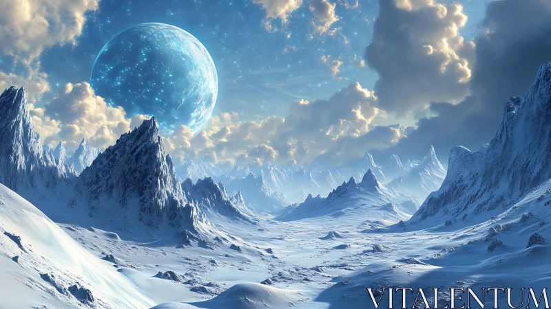 Frozen alien valley under luminous blue planet sky