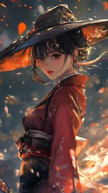 Ember-kissed samurai maiden beneath a storm of sparks.