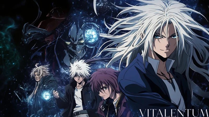 Dynamic anime ensemble with cosmic energy and spectral antagonist.