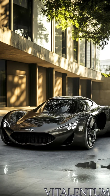 Black concept sports car outside modern glass building.