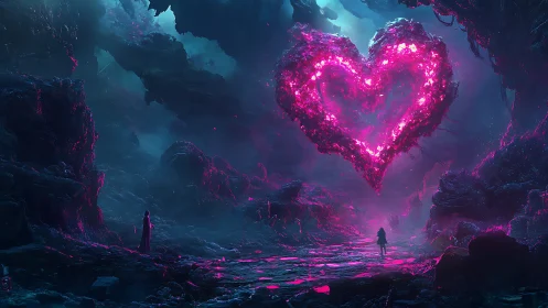 Neon Heart Oasis: Digital Luminescence in Alien Caverns.